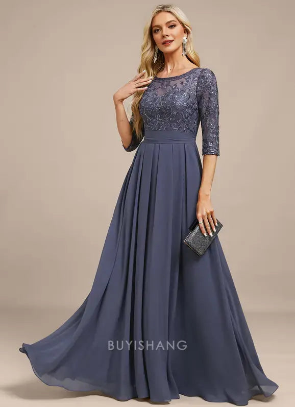 Elegant Round Neck Lace Appliqué Three-Quarter Sleeve Chiffon A-Line Maxi Dress with Bow Detail Mother of the Bride Dress